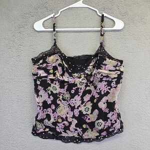 ECI Babydoll Top Women L Black Cropped Floral Lace Trim Sequins Silk Chiffon Y2K